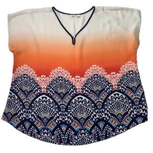 CATO Womens 22/24 Plus Size XXXL 3X Orange Blue Tribal Semi Sheer Blouse Top